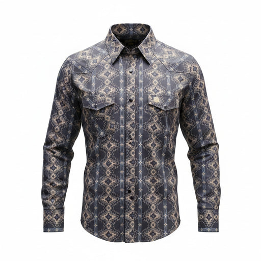 A men's long-sleeve western-style button-up shirt with a dark navy and beige geometric tribal pattern, shown on a plain white background.