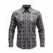A men's long-sleeve western-style button-up shirt with a dark navy and beige geometric tribal pattern, shown on a plain white background.