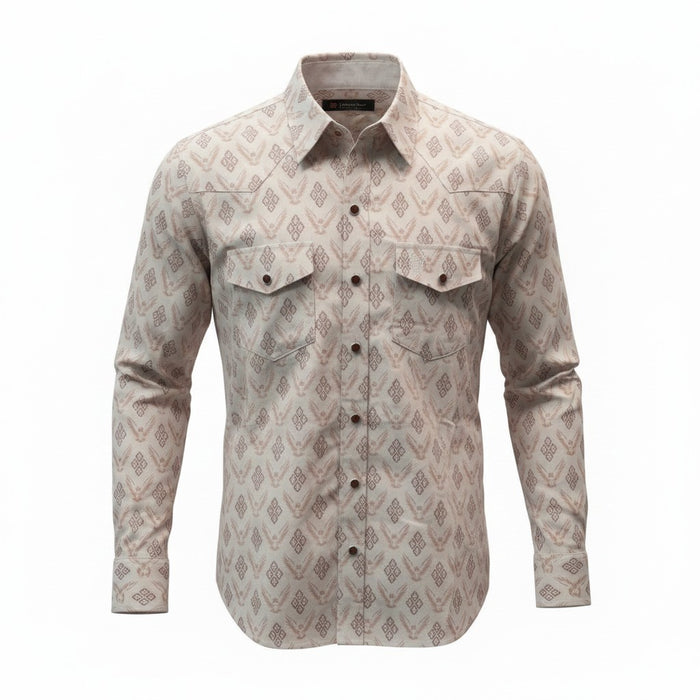 A men's long-sleeve western-style button-up shirt with a beige and brown geometric diamond pattern, featuring two buttoned chest pockets and a pointed collar, shown on a plain white background.