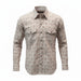 A men's long-sleeve western-style button-up shirt with a beige and brown geometric diamond pattern, featuring two buttoned chest pockets and a pointed collar, shown on a plain white background.