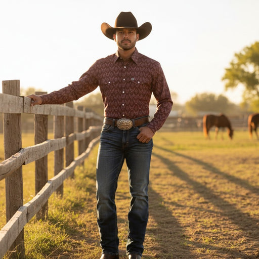 A man wearing a brown cowboy hat, a maroon patterned western shirt, blue jeans, and a large silver buckle belt stands in a sunny field next to a wooden fence, with horses grazing in the background.