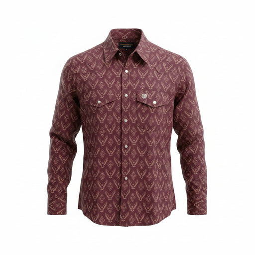 A long-sleeve western-style button-up shirt in a deep burgundy color, featuring a repeating tan geometric pattern across the entire fabric. It has two buttoned chest pockets and a pointed collar, shown against a plain white background.