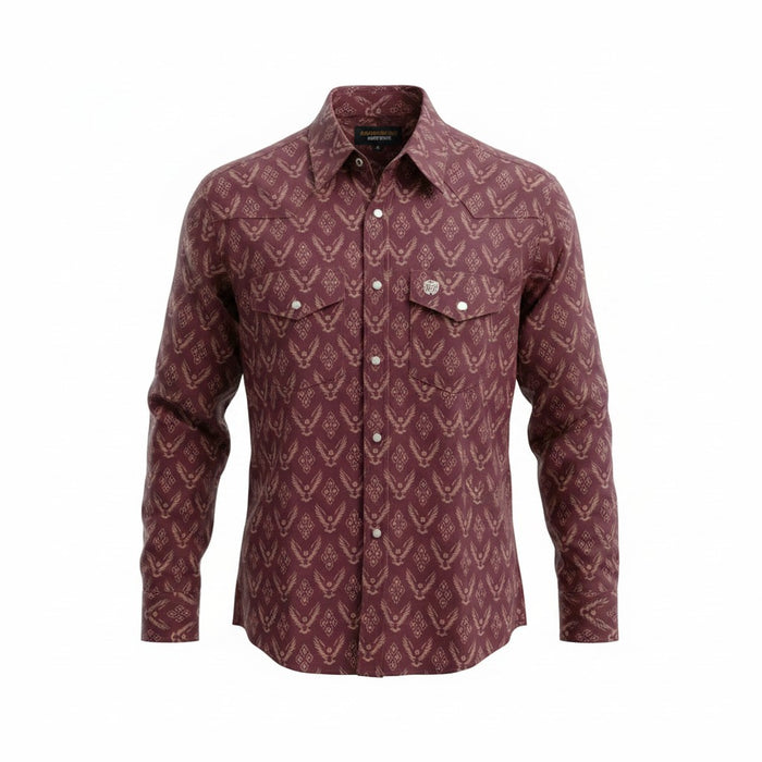 A long-sleeve western-style button-up shirt in a deep burgundy color, featuring a repeating tan geometric pattern across the entire fabric. It has two buttoned chest pockets and a pointed collar, shown against a plain white background.