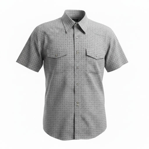 A short-sleeve button-up shirt with a fine micro-pattern in gray and white, featuring two buttoned chest pockets, shown on a plain white background.