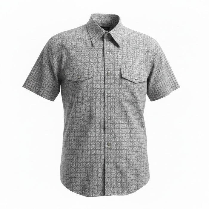 A short-sleeve button-up shirt with a fine micro-pattern in gray and white, featuring two buttoned chest pockets, shown on a plain white background.