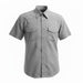 A short-sleeve button-up shirt with a fine micro-pattern in gray and white, featuring two buttoned chest pockets, shown on a plain white background.