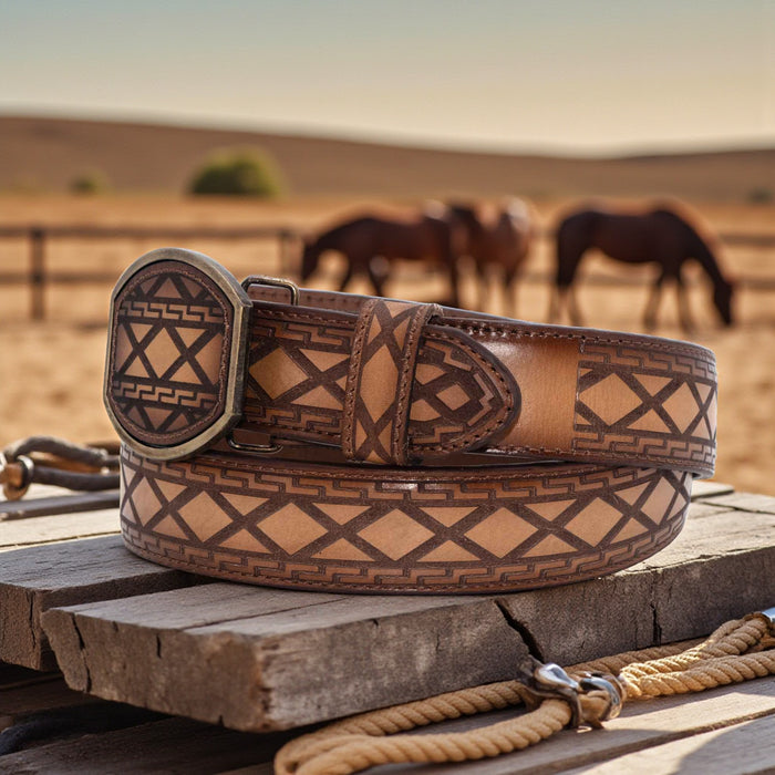 Men's Western 1.5" Honey Laser Leather Belt-H073