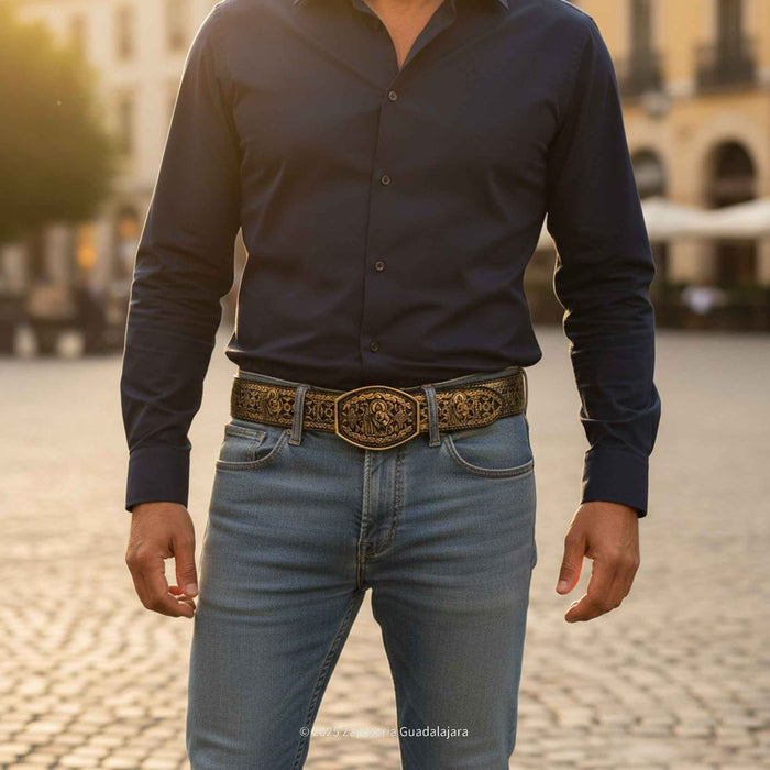 Men's Western 2" Laser San Judas Golden Leather belt-M312