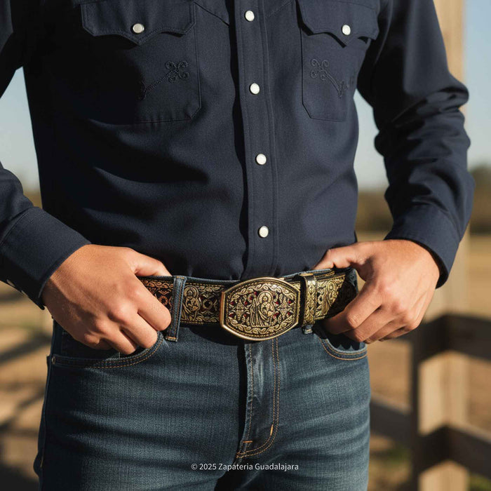 Men's Western 2" Laser San Judas Golden Leather belt-M312