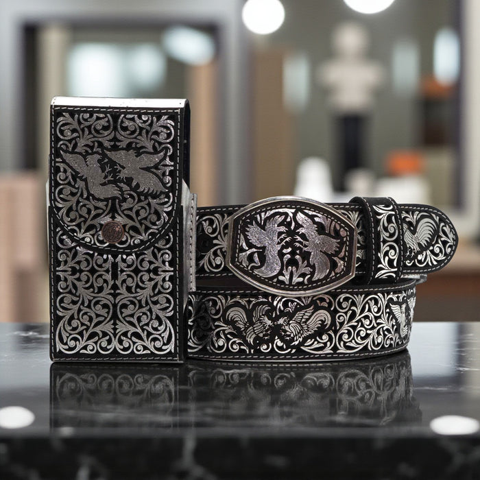 Men's Western Laser Silver Rooster Fight Leather Phone Case-M318