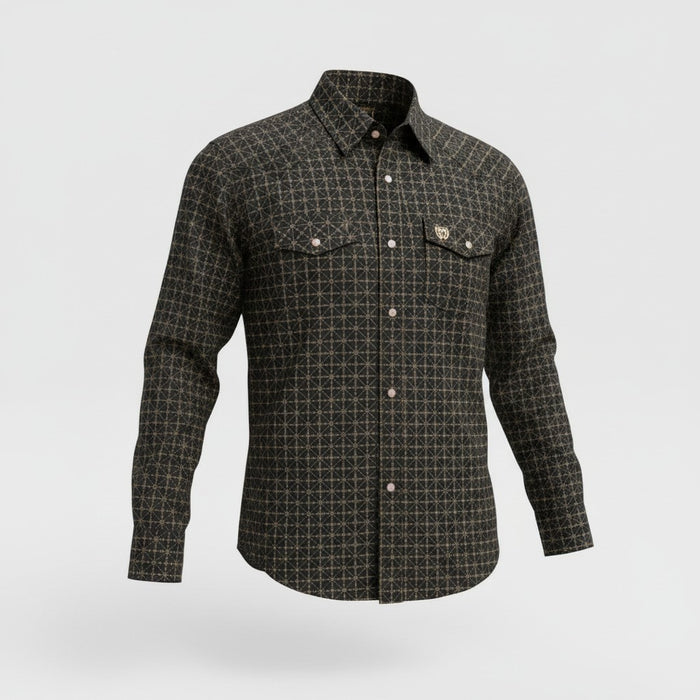 A men's long-sleeve button-up shirt with a dark brown and black geometric grid pattern, featuring two buttoned chest pockets and a small embroidered logo on the left chest pocket, shown against a light gray background.