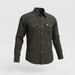 A men's long-sleeve button-up shirt with a dark brown and black geometric grid pattern, featuring two buttoned chest pockets and a small embroidered logo on the left chest pocket, shown against a light gray background.