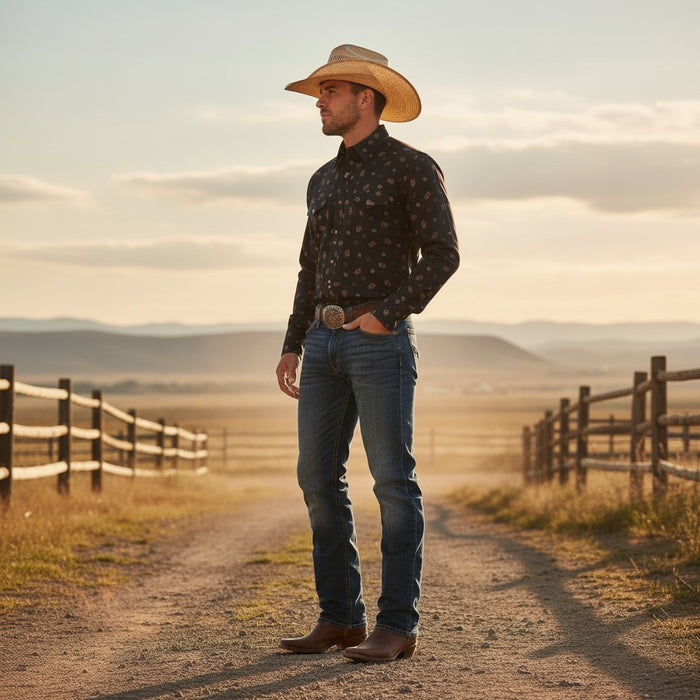 A man wearing a cowboy hat, a dark patterned long-sleeve button-up shirt, blue jeans, and brown boots stands on a dirt path in a rural outdoor setting with fences and hills in the background.