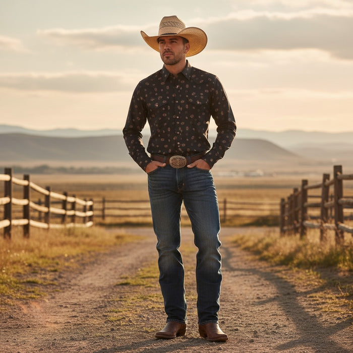 Men's Western Printed Long Sleeve Snap Buttons Shirt-311