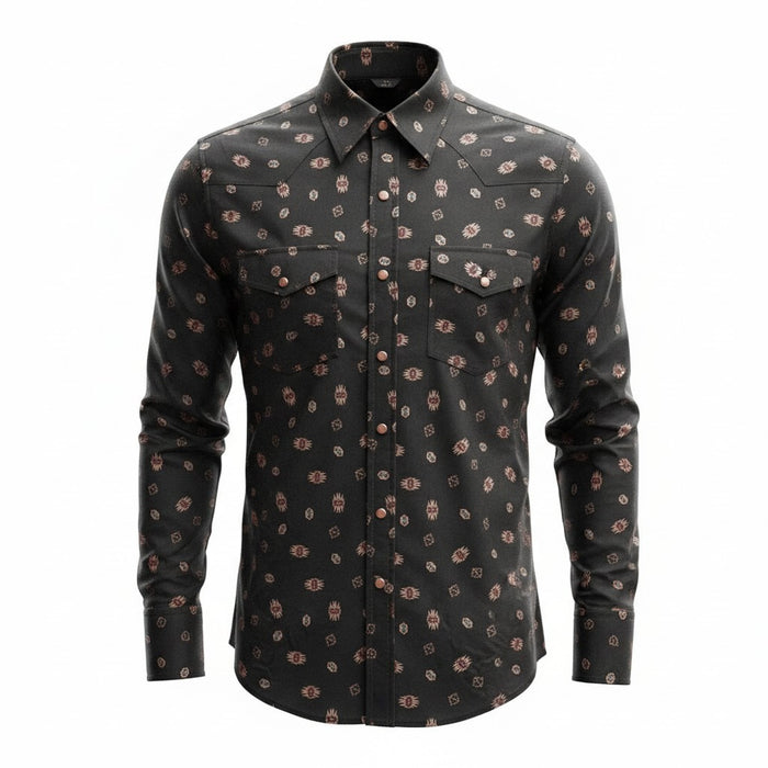 A long-sleeve button-up shirt with a black base and an all-over small skull print in brown and beige, displayed on a clean white background.