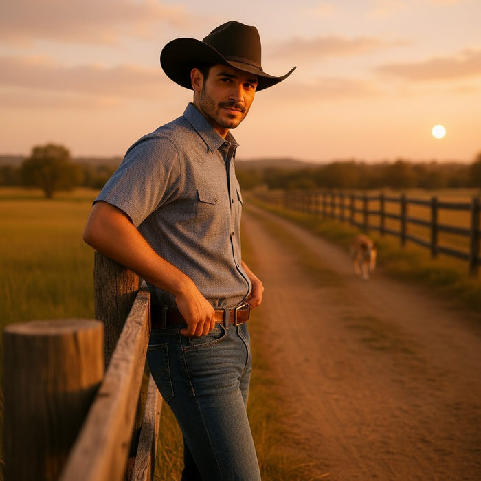 A man wearing a black cowboy hat, a light blue short-sleeve button-up shirt, and blue jeans leans against a wooden fence on a dirt road at sunset. A dog is visible in the background near the fence line.