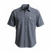 A short-sleeve button-up shirt with a fine micro-pattern in dark gray and white, featuring two buttoned chest pockets and a small embroidered logo on the left chest pocket, shown on a plain white background.
