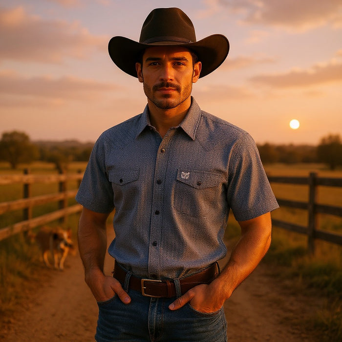 A man wearing a dark brown cowboy hat, a textured blue short-sleeve button-up shirt, and blue jeans stands on a dirt path at sunset with a wooden fence and a horse in the background.