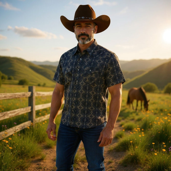 A man wearing a brown cowboy hat and a dark blue patterned short-sleeve button-up shirt stands outdoors in a sunny rural landscape with hills, a fence, and a horse in the background.