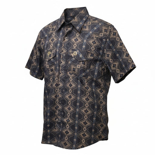 A short-sleeve button-up shirt with a dark navy blue base and a beige geometric tribal pattern, featuring two chest pockets with button flaps.