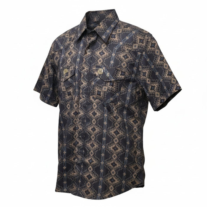 A short-sleeve button-up shirt with a dark navy blue base and a beige geometric tribal pattern, featuring two chest pockets with button flaps.