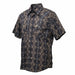 A short-sleeve button-up shirt with a dark navy blue base and a beige geometric tribal pattern, featuring two chest pockets with button flaps.