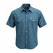 A short-sleeve western-style button-up shirt in slate blue with a repeating white geometric pattern, featuring two buttoned chest pockets and a white embroidered logo on the left chest, shown against a plain white background.