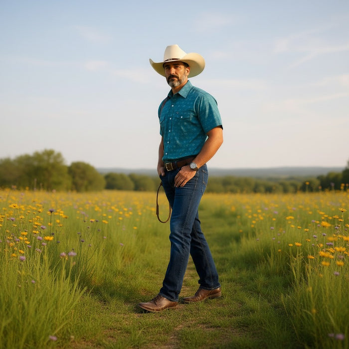 A man wearing a white cowboy hat, teal short-sleeve button-up shirt, and blue jeans stands in a grassy field with yellow wildflowers under a pale blue sky.