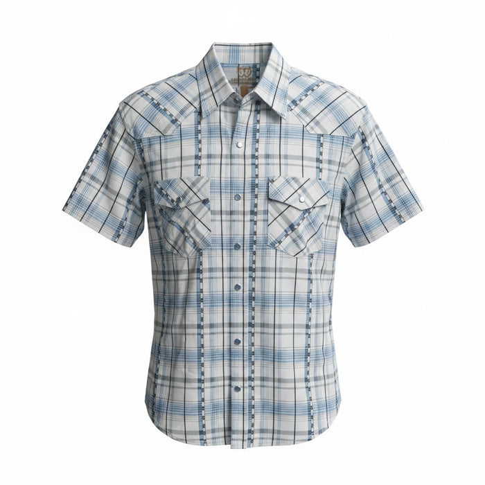 A short-sleeve western-style plaid button-up shirt in white, light blue, and gray, featuring two buttoned chest pockets with decorative flap details.