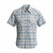 A short-sleeve western-style plaid button-up shirt in white, light blue, and gray, featuring two buttoned chest pockets with decorative flap details.