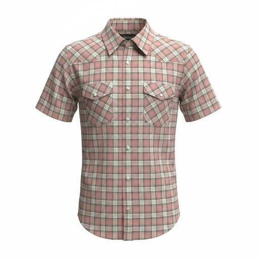 A short-sleeve plaid button-up shirt in dusty pink and beige tones, featuring two chest pockets with button flaps, shown on a plain white background.