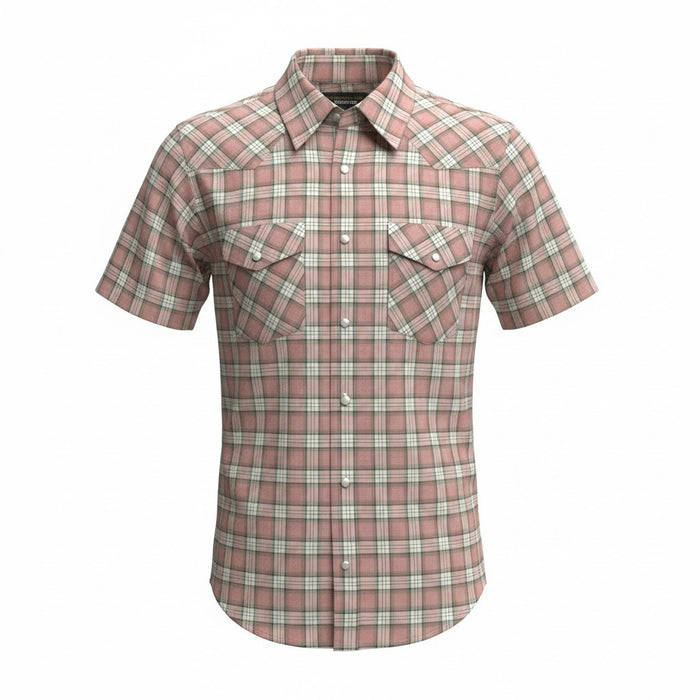 A short-sleeve plaid button-up shirt in dusty pink and beige tones, featuring two chest pockets with button flaps, shown on a plain white background.