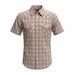 A short-sleeve plaid button-up shirt in dusty pink and beige tones, featuring two chest pockets with button flaps, shown on a plain white background.
