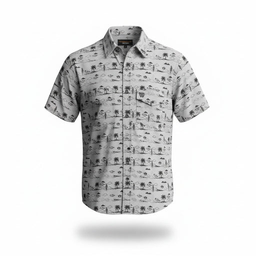 A short-sleeve button-up shirt with a light gray and white base featuring a black tropical beach print of palm trees, umbrellas, and waves, shown on a clean white background with a soft drop shadow.