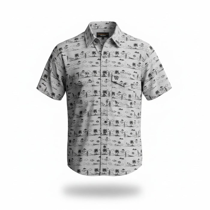 A short-sleeve button-up shirt with a light gray and white base featuring a black tropical beach print of palm trees, umbrellas, and waves, shown on a clean white background with a soft drop shadow.