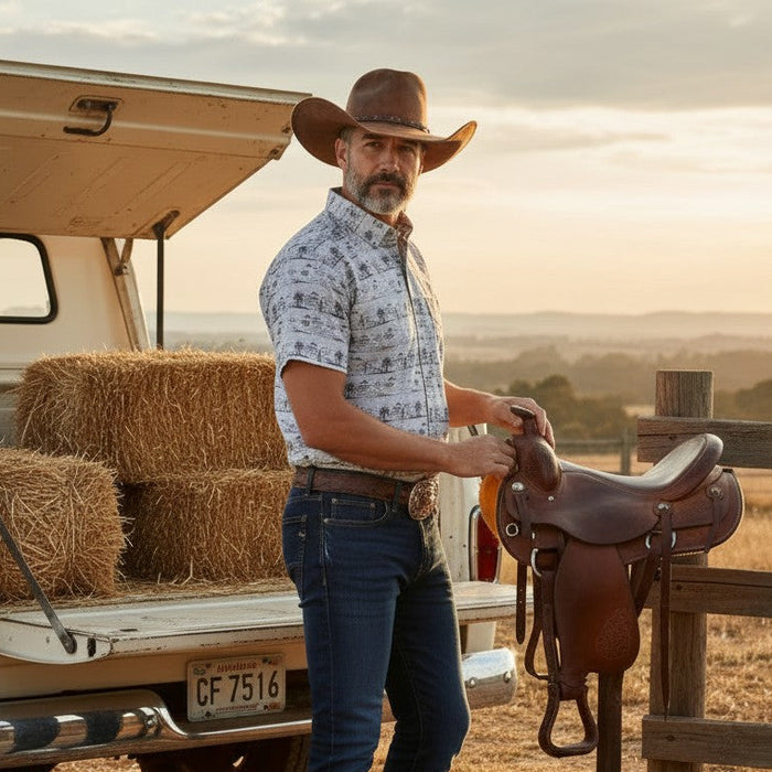 A man in a cowboy hat, patterned short-sleeve shirt, jeans, and boots stands beside a pickup truck loaded with hay bales, holding a brown leather saddle in a rural outdoor setting at sunset.