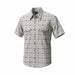 A short-sleeve button-up shirt with an all-over western-themed print of horses, saddles, and boots on a light beige background, shown against a plain white background.