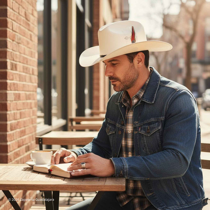 Man wearing a cowboy hat and reading a book outdoors.