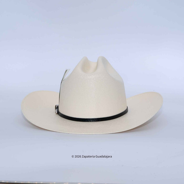 Beige cowboy hat with a black band on a light gray background