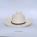 Beige cowboy hat with a black band on a light gray background