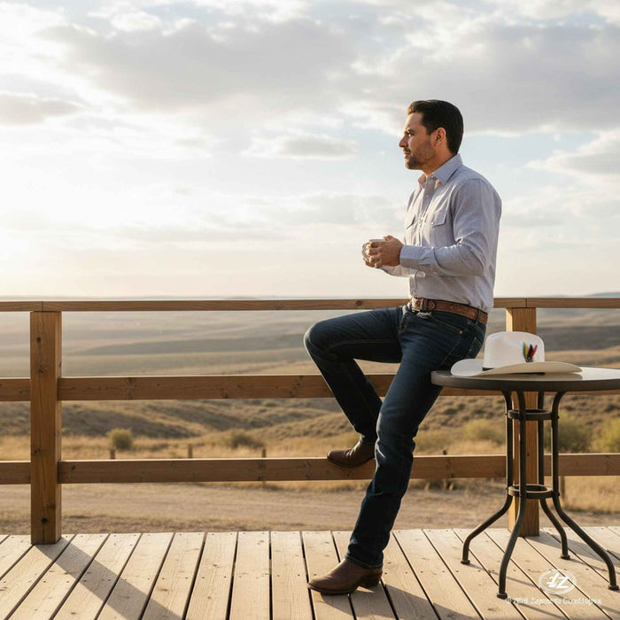 Man sitting on a wooden deck overlooking a scenic landscape with mountains.