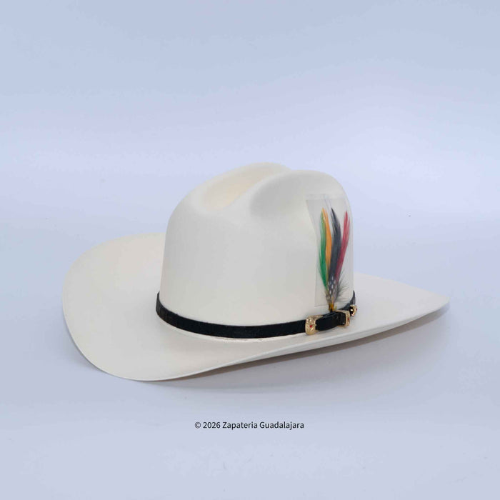 White cowboy hat with a colorful band on a light gray background
