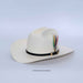 White cowboy hat with a colorful band on a light gray background