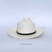 White cowboy hat with a black band on a light gray background