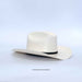 White cowboy hat with a black band on a light gray background