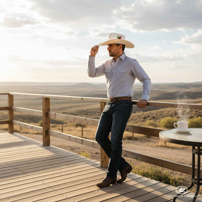Man in cowboy hat and shirt standing on a wooden deck with a scenic view