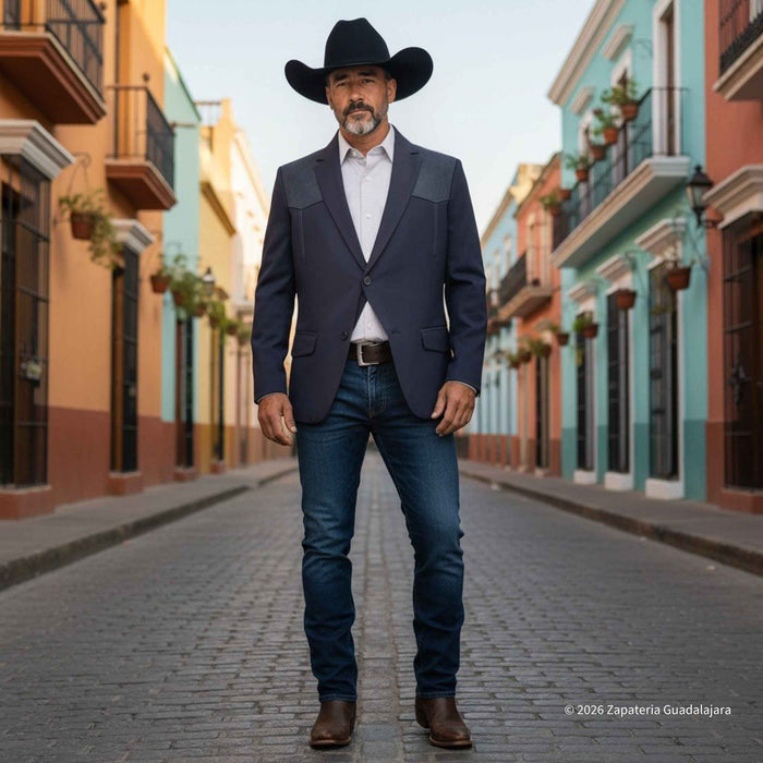 A man wearing a dark navy blazer with contrasting shoulder patches, a white dress shirt, blue jeans, brown boots, and a black cowboy hat stands on a cobblestone street in a colorful town square.