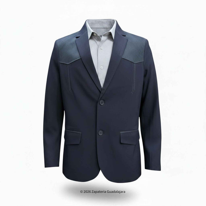 A navy blue blazer with contrasting dark gray leather shoulder panels and welt pockets, styled over a light gray patterned dress shirt on a white background.