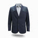 A navy blue blazer with contrasting dark gray leather shoulder panels and welt pockets, styled over a light gray patterned dress shirt on a white background.