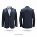 Front and back views of a men's blazer in navy blue, featuring contrasting dark gray shoulder yokes and matching dark gray welt pockets, styled over a light gray dress shirt on a white background.